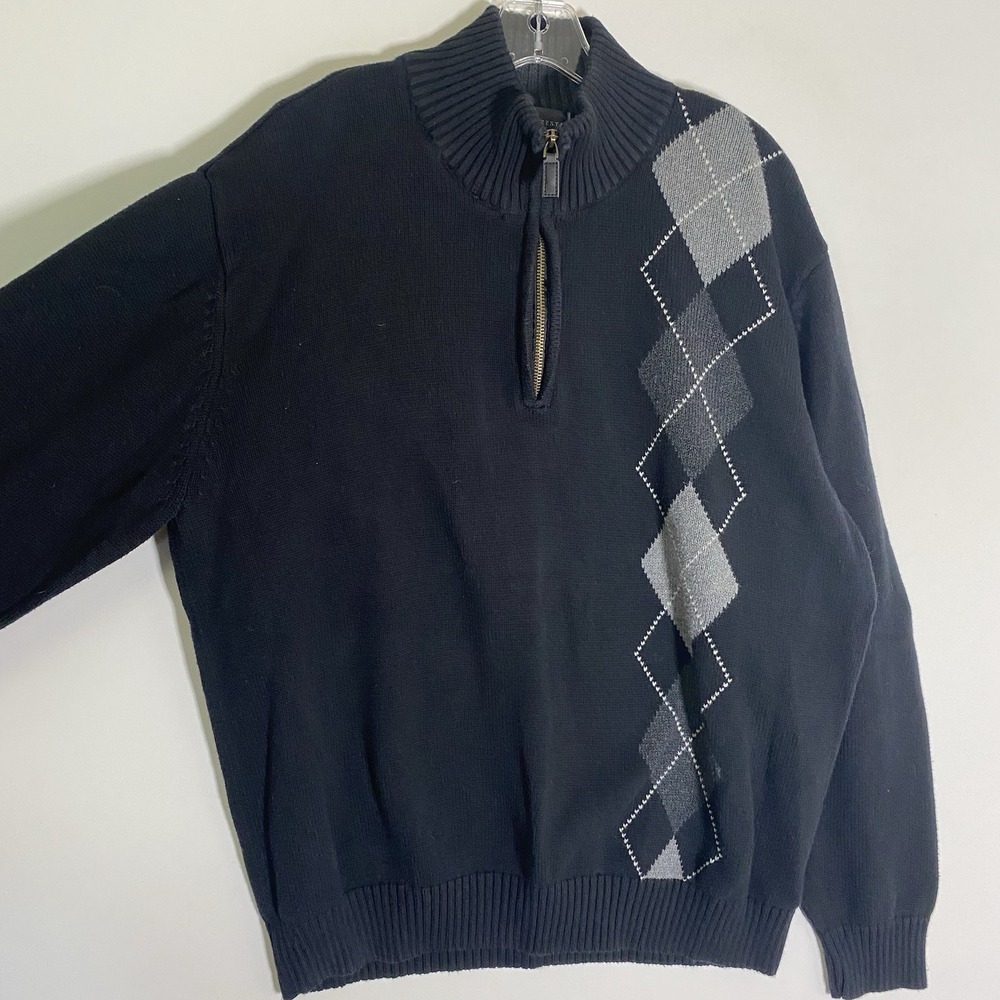 Oscar De La Renta Sweater Mens XL Black Argyle Tight Knit Quarter Zip Preppy‎ - Picture 5 of 16